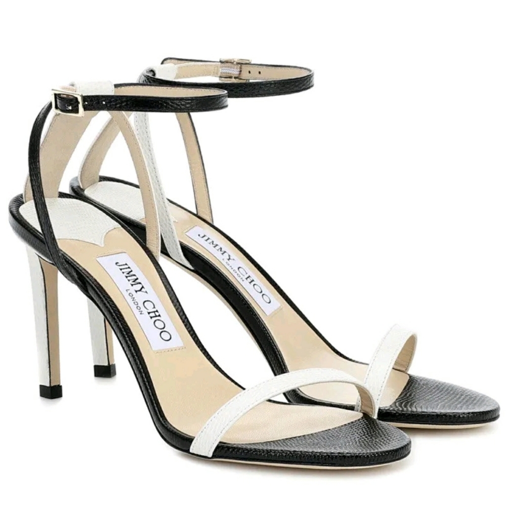 Jimmy choo Minny Lizard print black and white leather sandals heels Size 39(9) - Picture 2 of 10